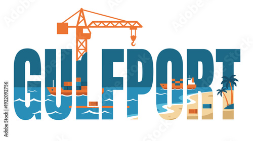 Gulfport Mississippi travel typography with port and beach vector illustration