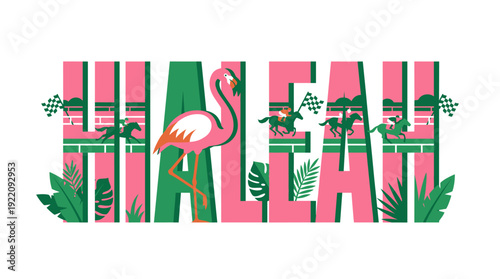 Hialeah travel typography with flamingo and horse racing vector