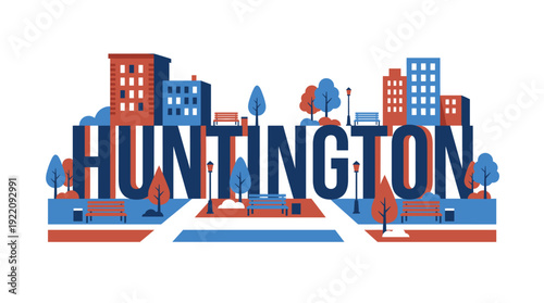 Huntington city park and skyline typographic vector illustration