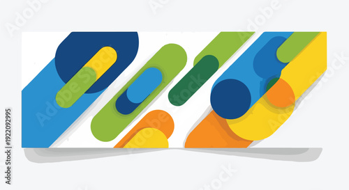 Colorful abstract design featuring layered shapes with shadows and a minimalist style