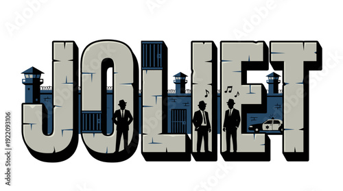 Joliet typography with blues brothers and prison scene vector illustration