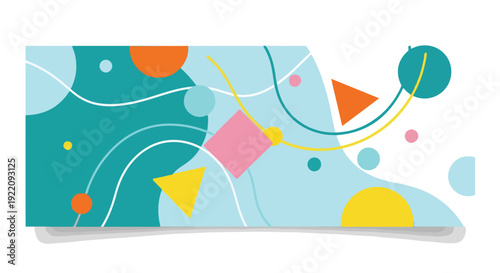 Colorful abstract design with circles, lines, triangles, and fluid shapes