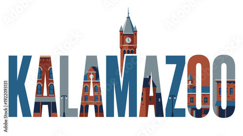 Kalamazoo city name with landmark buildings vector illustration