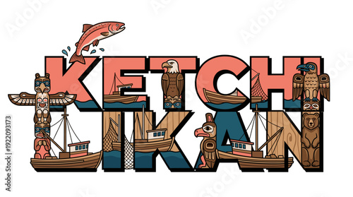 Ketchikan Alaska typography with totem poles and salmon vector
