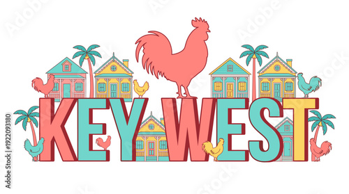 Key West Florida tropical roosters and houses vector illustration