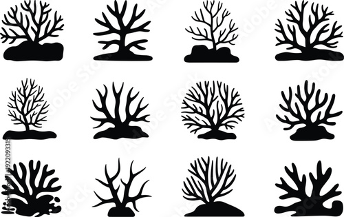 Coral silhouette icons, marine biology, ocean ecosystem, underwater plants, reef illustration, sea life vector, aquatic design, nature conservation art