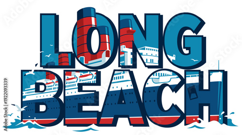 Long Beach California travel postcard with ship vector illustration