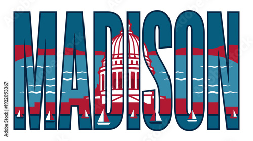 Madison Wisconsin city name with capitol and lake vector illustration