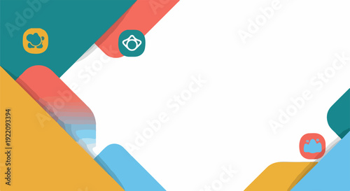 Colorful abstract design with shapes, icons, and gradients
