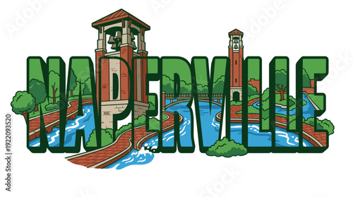 Naperville Illinois city landmarks souvenir typography vector illustration