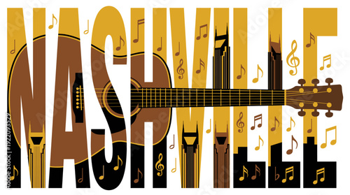 Nashville typography with guitar and city skyline vector illustration