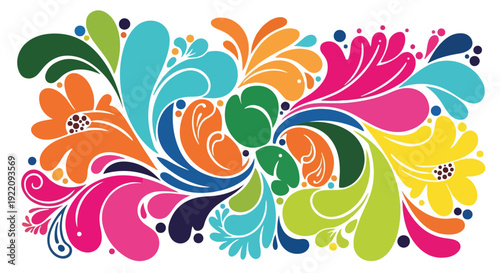 Colorful, abstract floral design with leaves, splashes, and stylized blooms