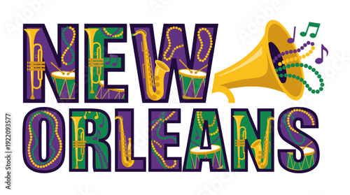 New Orleans text with Mardi Gras music festival vector illustration