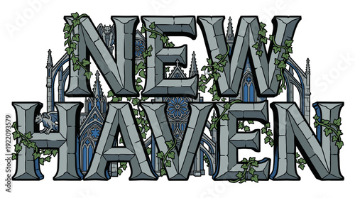 New Haven gothic stone typography with ivy vector illustration