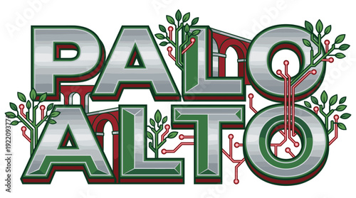 Palo Alto typography with technology and nature elements vector illustration