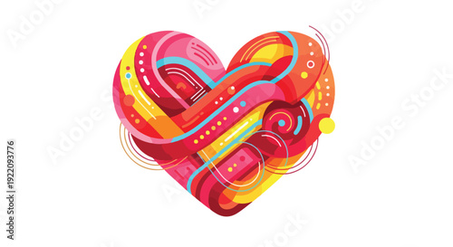 Colorful, abstract heart design made from curving, overlapping lines and dots