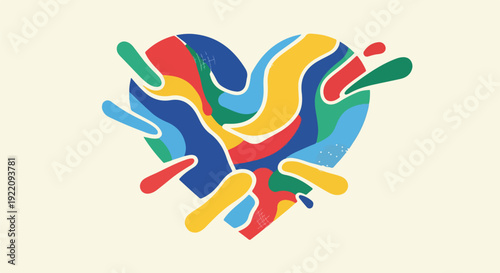 Colorful, abstract heart design made of fluid shapes, splashes, and curves