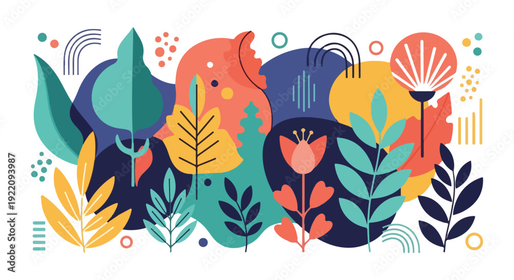 Fototapeta premium Colorful, abstract illustration with leaves and abstract shapes