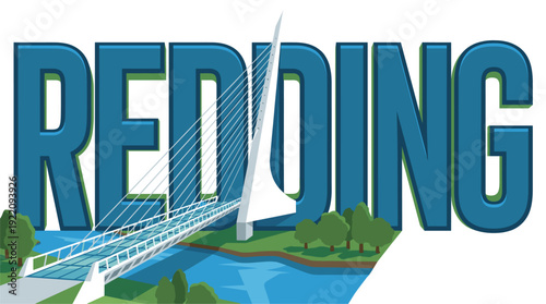 Redding California city name with Sundial Bridge vector illustration