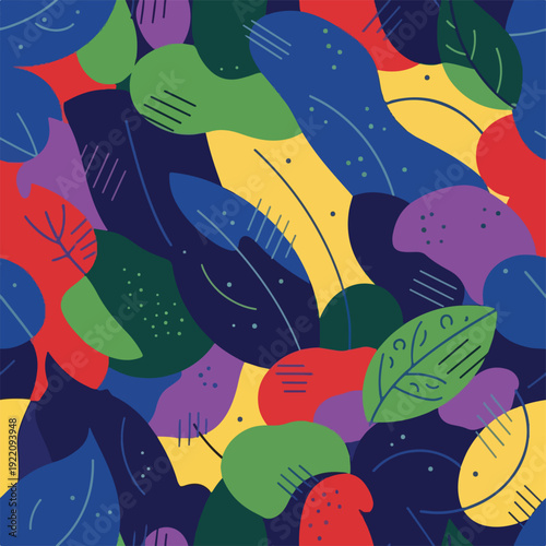 Colorful, abstract illustration of various organic shapes in a seamless pattern
