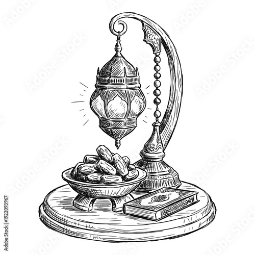 Traditional Ramadan lantern with dates and holy book, ornate Islamic decoration