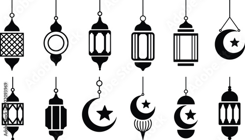 Ramadan lantern and crescent moon hanging ornament icon set, Islamic decorative symbols collection for Eid Mubarak festive vector