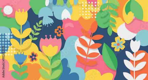 Colorful abstract illustration with stylized flowers, leaves, and shapes