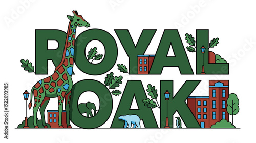 Royal Oak Michigan cityscape and zoo animals vector illustration