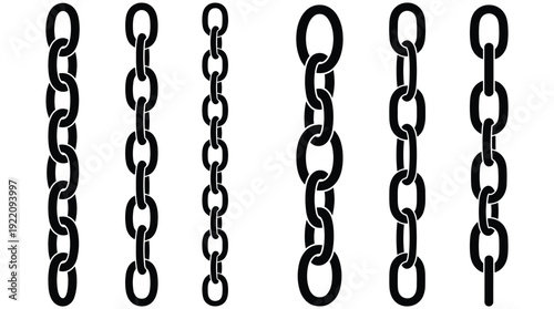 Metal chain link collection set of vertical steel shackles isolated on transparent backdrop