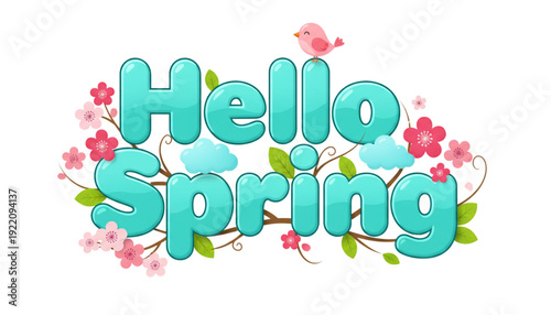 Playful Hello Spring Graphic with Pink Cherry Blossoms, Cute Bird, for Seasonal Greetings and Digital Marketing