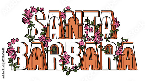 Santa Barbara mission architecture and bougainvillea vector illustration
