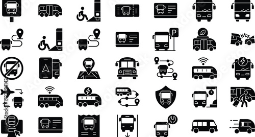 Public bus transportation and city travel service icons set including route and schedule