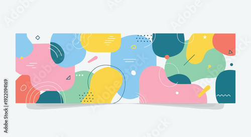 Colorful abstract shapes with geometric elements on a light gray background