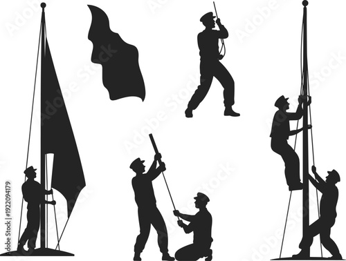 Flag handling silhouettes, raising flag, lowering flag, ceremonial activity, teamwork illustration, patriotic symbol, rope pulling, cultural tradition, vector design