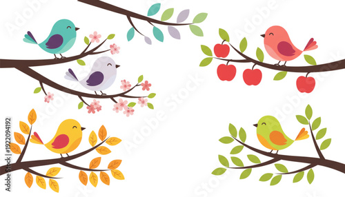 Happy Colorful Cartoon Birds on Tree Branches Representing Four Seasons Vector for Kids Education Nature and Design