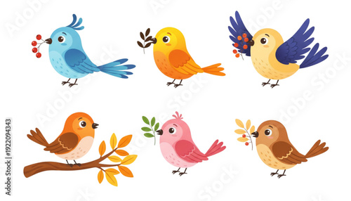 Cute Colorful Cartoon Birds Vector Illustration Happy Spring Nature Design for Kids Books Nursery Decor Education