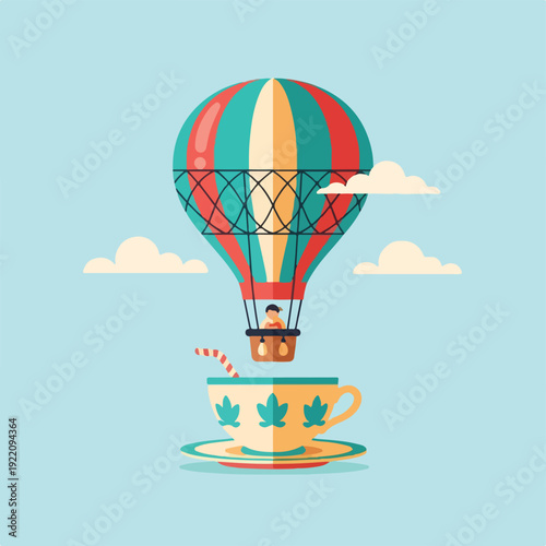 Colorful air balloon with passenger flies towards cup, straw, and clouds