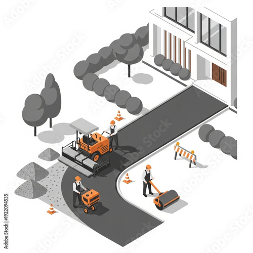 Construction workers paving a road with heavy machinery near a building.