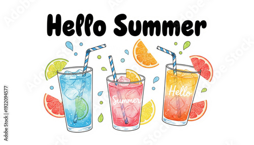 Hello Summer Refreshing Drinks Illustration. Vibrant Cold Beverages with Citrus Fruits, Ice, Straws for Seasonal Promotions, Web