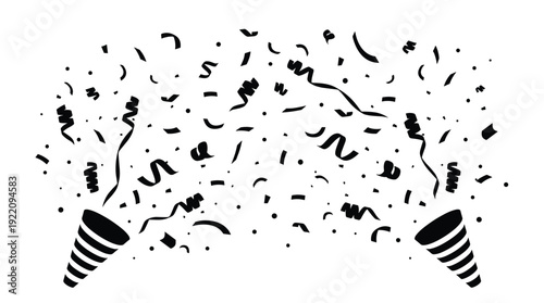 Party poppers with flying confetti and streamers. Festive celebration elements background