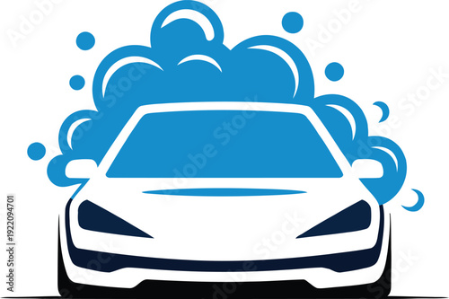 Abstract car wash vector logo design, minimalist blue auto silhouette with soap bubbles for vehicle detailing, service station, automotive branding.