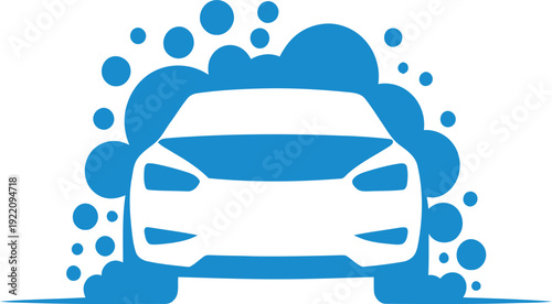 Abstract car wash vector logo design, minimalist blue auto silhouette with foam bubbles for vehicle detailing, service station, automotive branding.