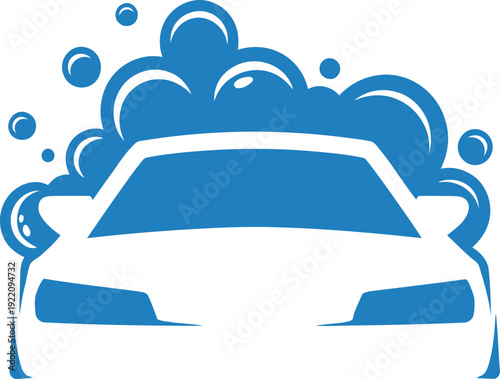 Abstract car wash vector logo design, minimalist blue auto silhouette with soap bubbles for vehicle detailing, service station, automotive branding.