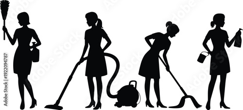 Silhouette women cleaning, housekeeping workers, vacuuming, mopping, dusting, spraying, janitorial service, domestic chores, housemaid tasks, cleaning staff illustration