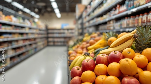 Fresh and Vibrant Assortment of Fruit Display in Grocery Store Aisle