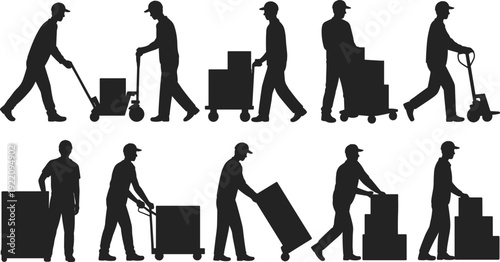 Silhouette, of, delivery, workers, moving, cardboard, boxes, with, hand, trucks, and, dollies, isolated, on, white, background, vector, illustration, and, logistics