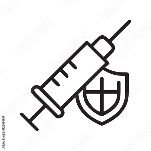 Thin line vaccine syringe with shield icon silhouette isolated on white background