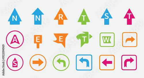 Colorful arrows and direction symbols in various shapes, used for navigation