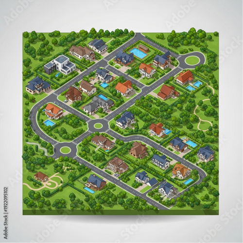 Aerial view of a suburban neighborhood with houses and roads.