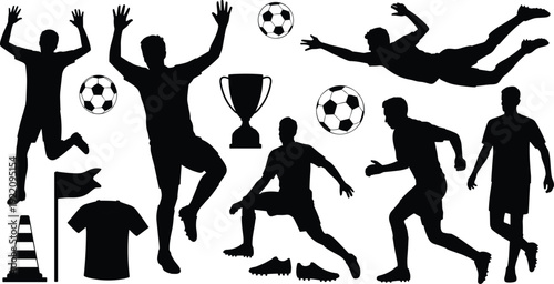 Soccer silhouettes icons, football players, action poses, kicking ball, running sprint, trophy vector, sports equipment, athletic design, game illustration